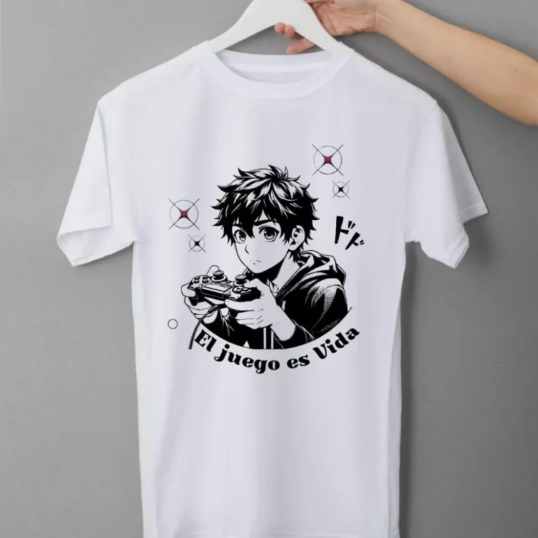 Pareja con camisetas unisex personalizadas por sublimación, diseño abstracto multicolor, fondo neutro.