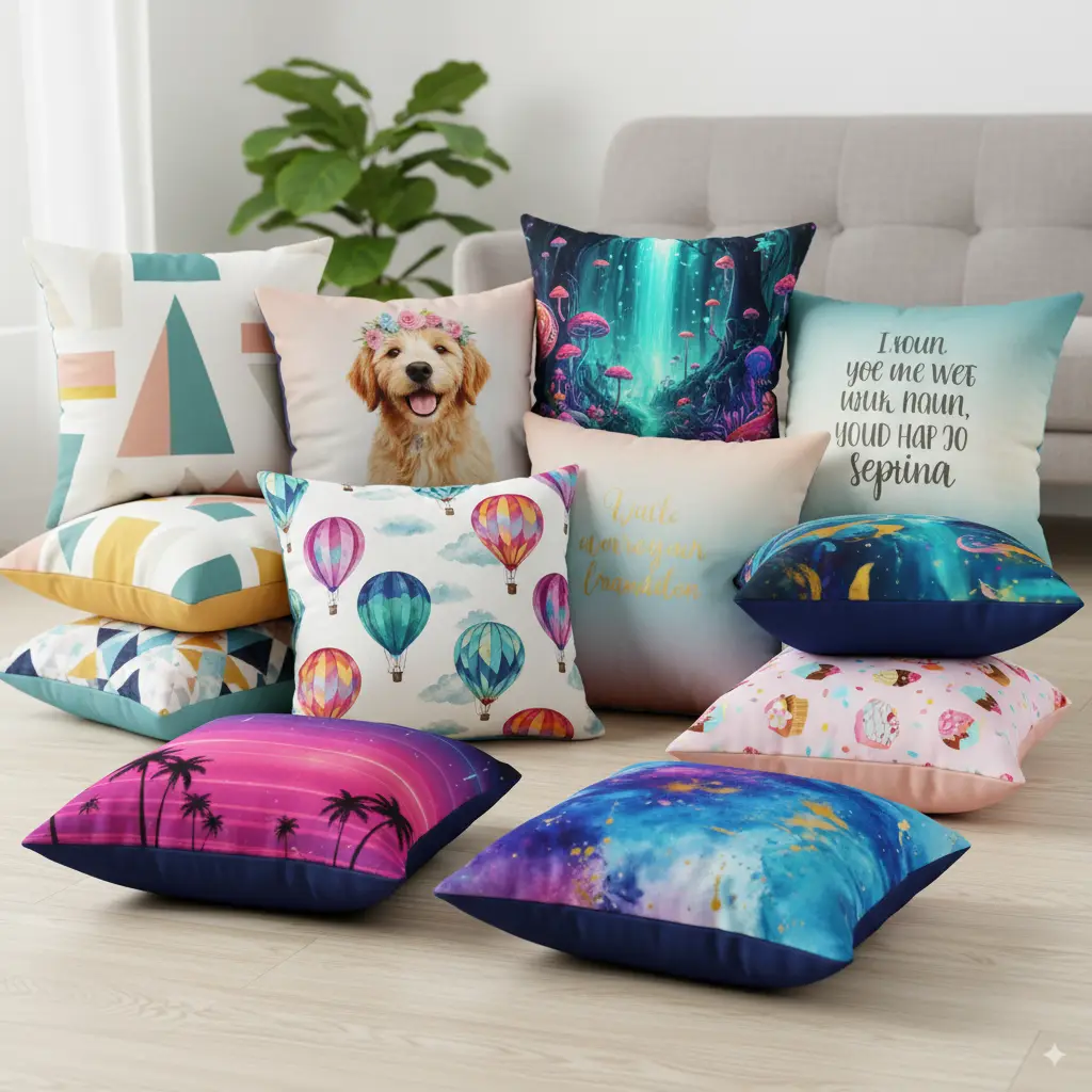 cojines personalizados: funda de poliéster con impresión, cojín, fondo de estudio.