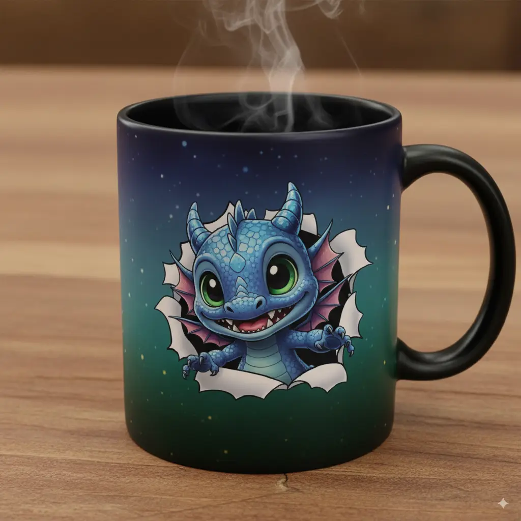 Taza mágica negra que revela el diseño con calor
