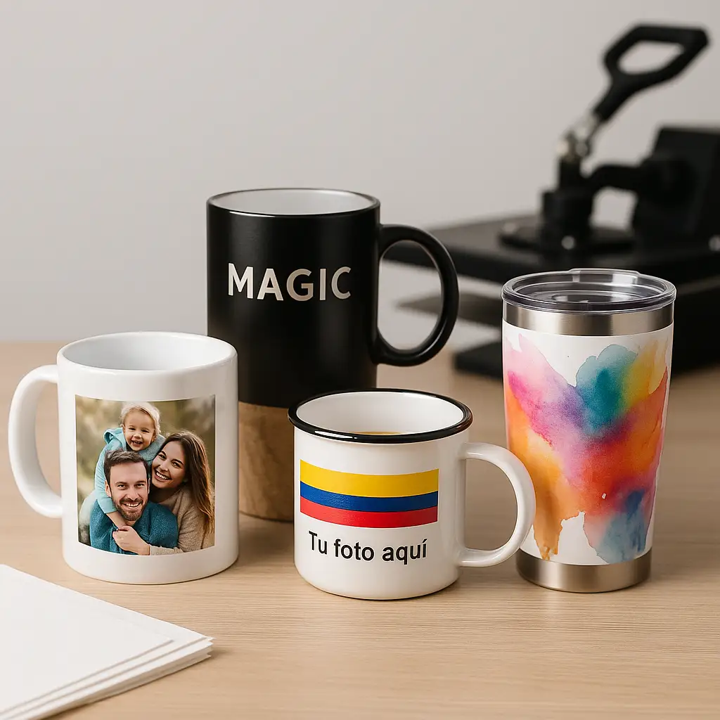 Conjunto de tazas personalizadas: cerámica con foto, taza mágica negra, taza enamel/peltre con bandera de Colombia y vaso térmico; plancha de sublimación al fondo.