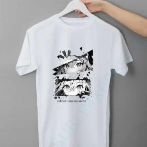 Camiseta blanca estilo manga – ojos grandes, paneles “rotos” salpicaduras