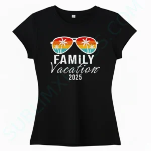 Camiseta personalizada negra Vacaciones en familia 2025 con gafas retro y palmeras en DTF