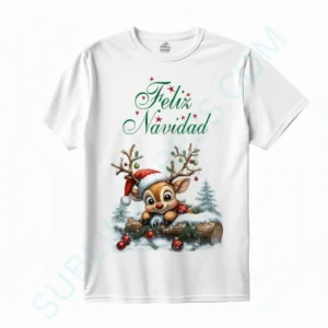 Camiseta personalizada para Navidad blanca con reno en la nieve y texto Feliz Navidad