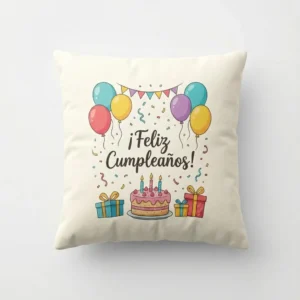 Cojín de cumpleaños color crudo de 30x30 cm con globos, regalos, tarta y la frase ¡Feliz Cumpleaños!