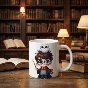 Taza personalizada de Fantasía y Magia 11 oz con ilustración de mago chibi y búho en biblioteca
