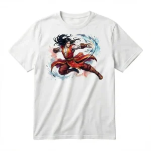 Camiseta personalizada estilo anime con guerrero de túnica roja y efecto de agua, diseño full color en camiseta blanca.