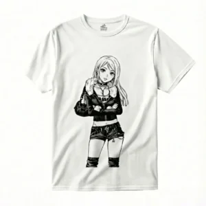 Camiseta personalizada estilo anime con chica en ilustración blanco y negro, arte tipo manga en camiseta blanca.