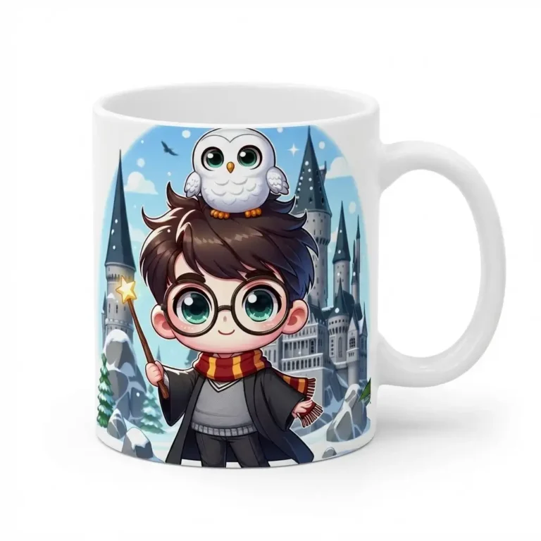 Taza personalizada de Fantasía y Magia 11 oz con ilustración de mago chibi, búho y castillo de fantasía (11 oz)