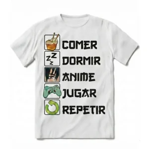 Camiseta otaku gamer blanca con diseño comer dormir anime jugar repetir