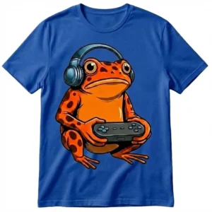 Camiseta azul unisex personalizada con diseño Rana Gamer con audífonos y control