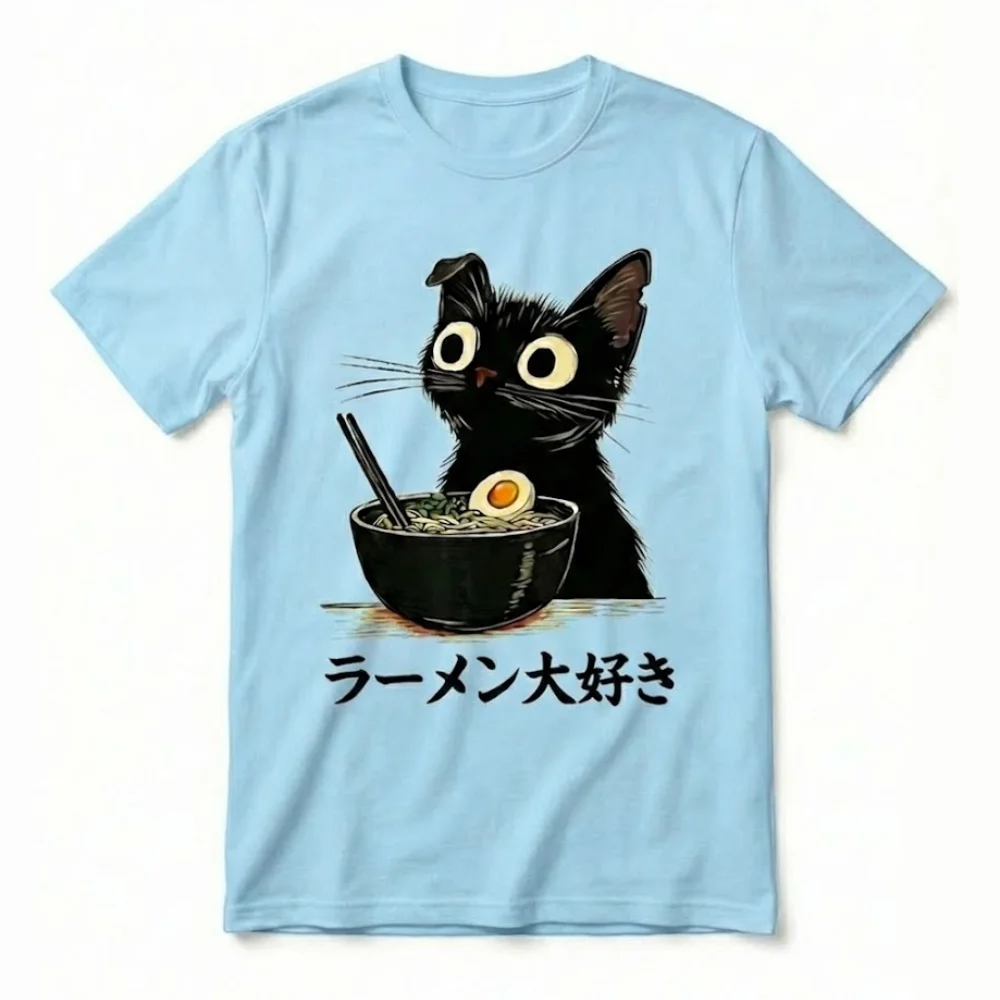 Camiseta personalizada unisex color azul celeste con diseño de gato comiendo ramen y frase japonesa