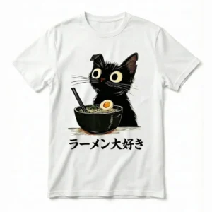 Camiseta personalizada unisex color blanco con diseño de gato comiendo ramen y texto japonés