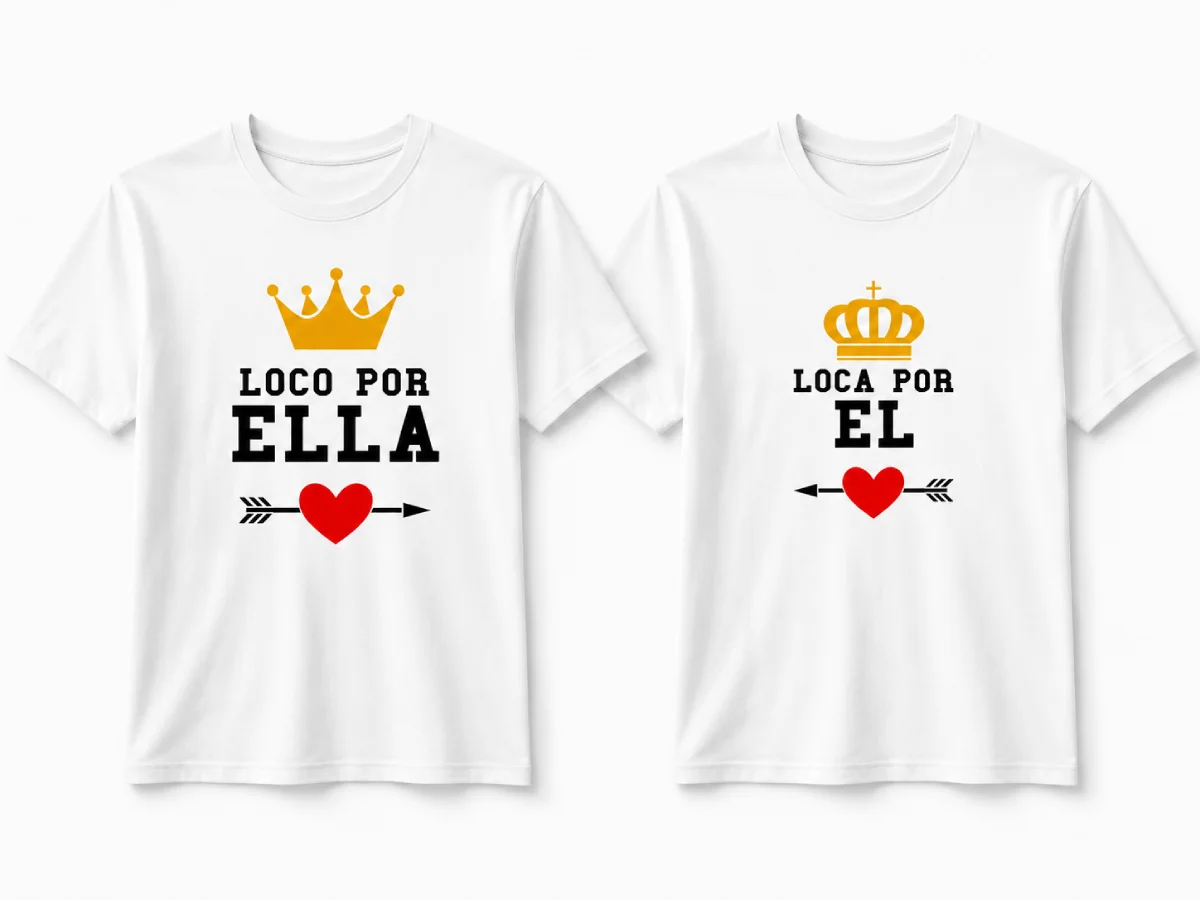 Camisetas personalizadas para parejas Loco por ella y Loca por él Camisetas para parejas con frases Loco por ella y Loca por él con coronas y corazones