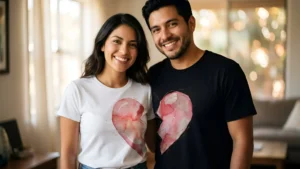 Pareja usando camisetas personalizadas para San Valentín con diseño a juego