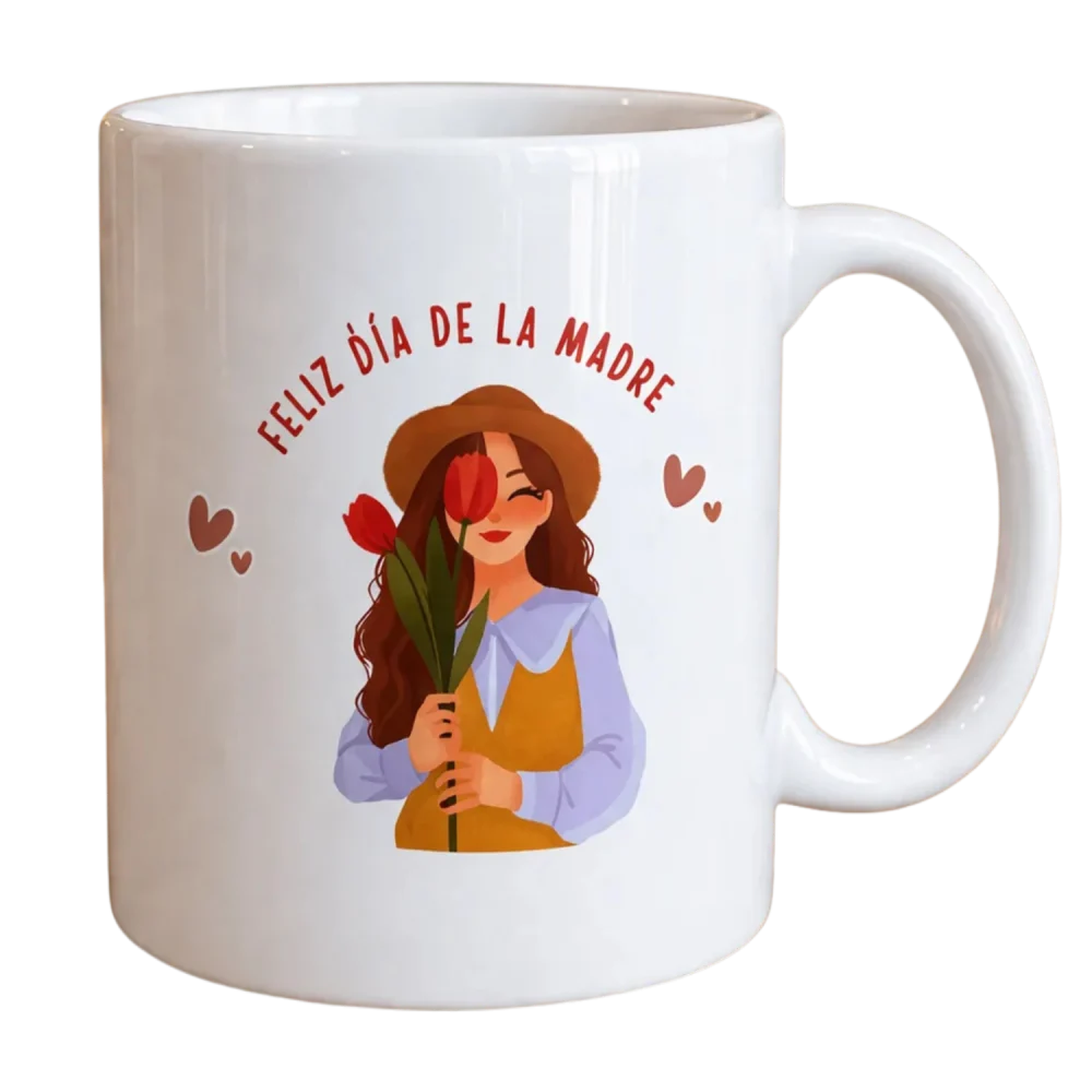 Pocillo de feliz dia de las madres con ilustración de imagen y rosa