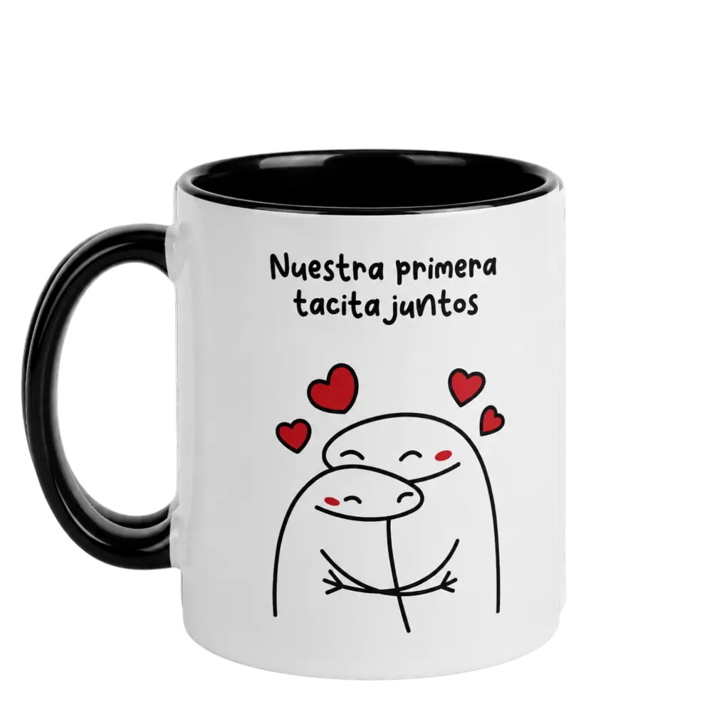 taza para pareja ilustración de abrazo y corazones