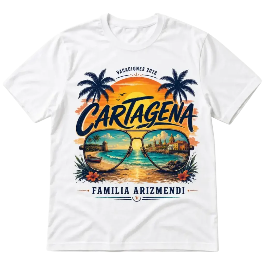 Camiseta familiar personalizada en Cúcuta con diseño de vacaciones en Cartagena 2026