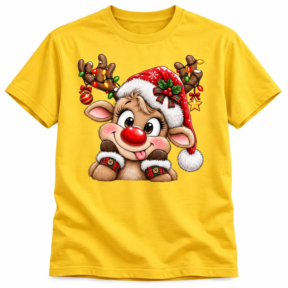 Camiseta navideña amarilla con reno de nariz roja, gorro de Santa y luces de colores en las astas.