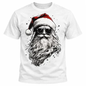 Camiseta navideña blanca con Santa Claus de barba larga, gafas de sol y gorro rojo, sobre fondo blanco.