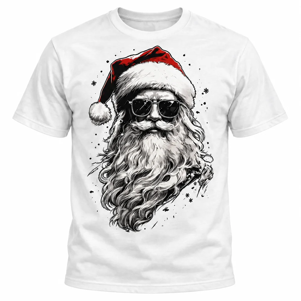 Camiseta navideña blanca con Santa Claus de barba larga, gafas de sol y gorro rojo, sobre fondo blanco.