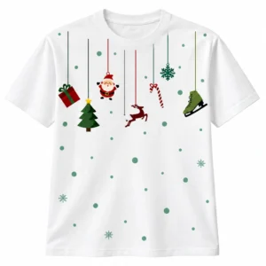 Camiseta navideña blanca con adornos colgantes de Santa Claus, reno, árbol, regalo, bastón de caramelo y patín.