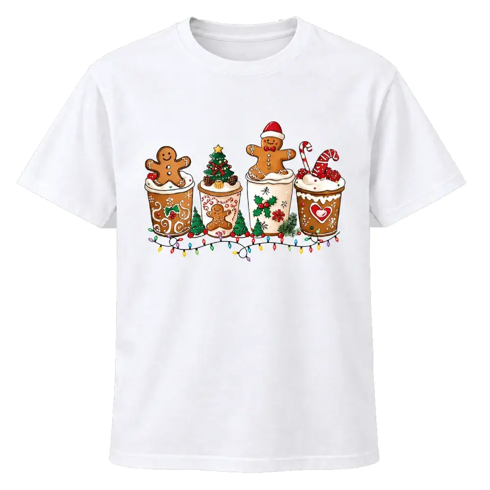 Camiseta navideña blanca con cuatro vasos decorados, galletas de jengibre, árbol de Navidad, bastones de caramelo y luces de colores.