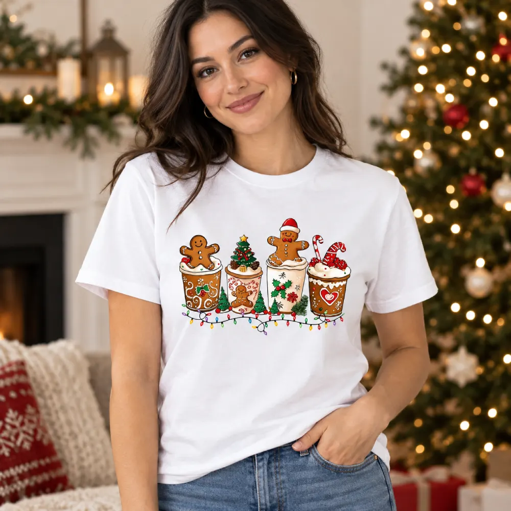 Mujer con camiseta navideña blanca estampada con vasos decorados, galletas de jengibre y dulces, junto a un árbol de Navidad.