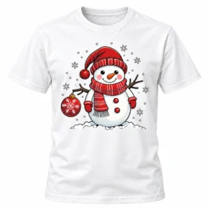 Camiseta navideña blanca con muñeco de nieve, accesorios rojos y copos delineados en negro.