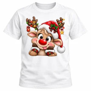 Camiseta navideña blanca con reno de nariz roja, gorro rojo y astas adornadas con luces navideñas.