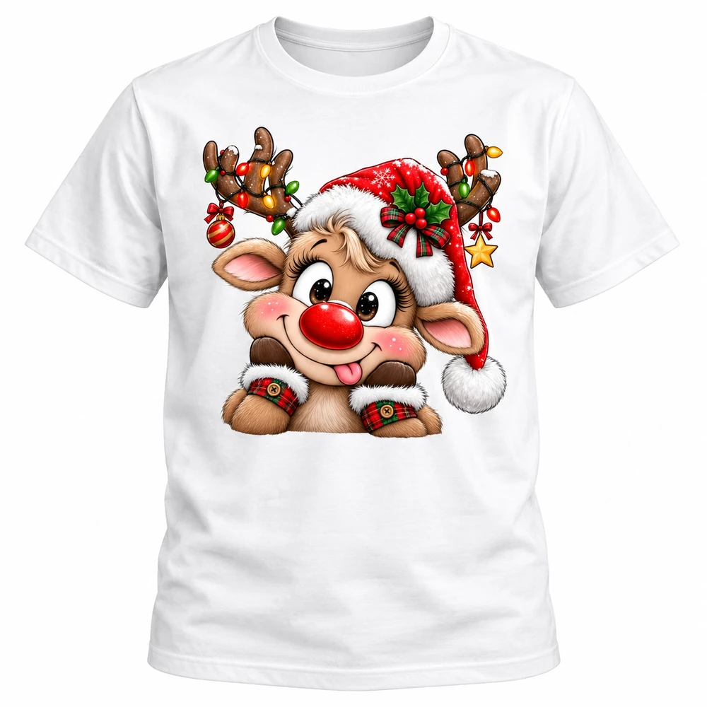 Camiseta navideña blanca con reno de nariz roja, gorro rojo y astas adornadas con luces navideñas.