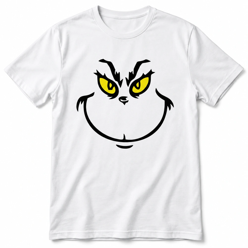 Camiseta navideña blanca con rostro del Grinch en negro y ojos amarillos.