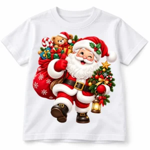 Camiseta navideña infantil blanca con Santa Claus sonriente, saco de regalos, oso de peluche, árbol y farol.
