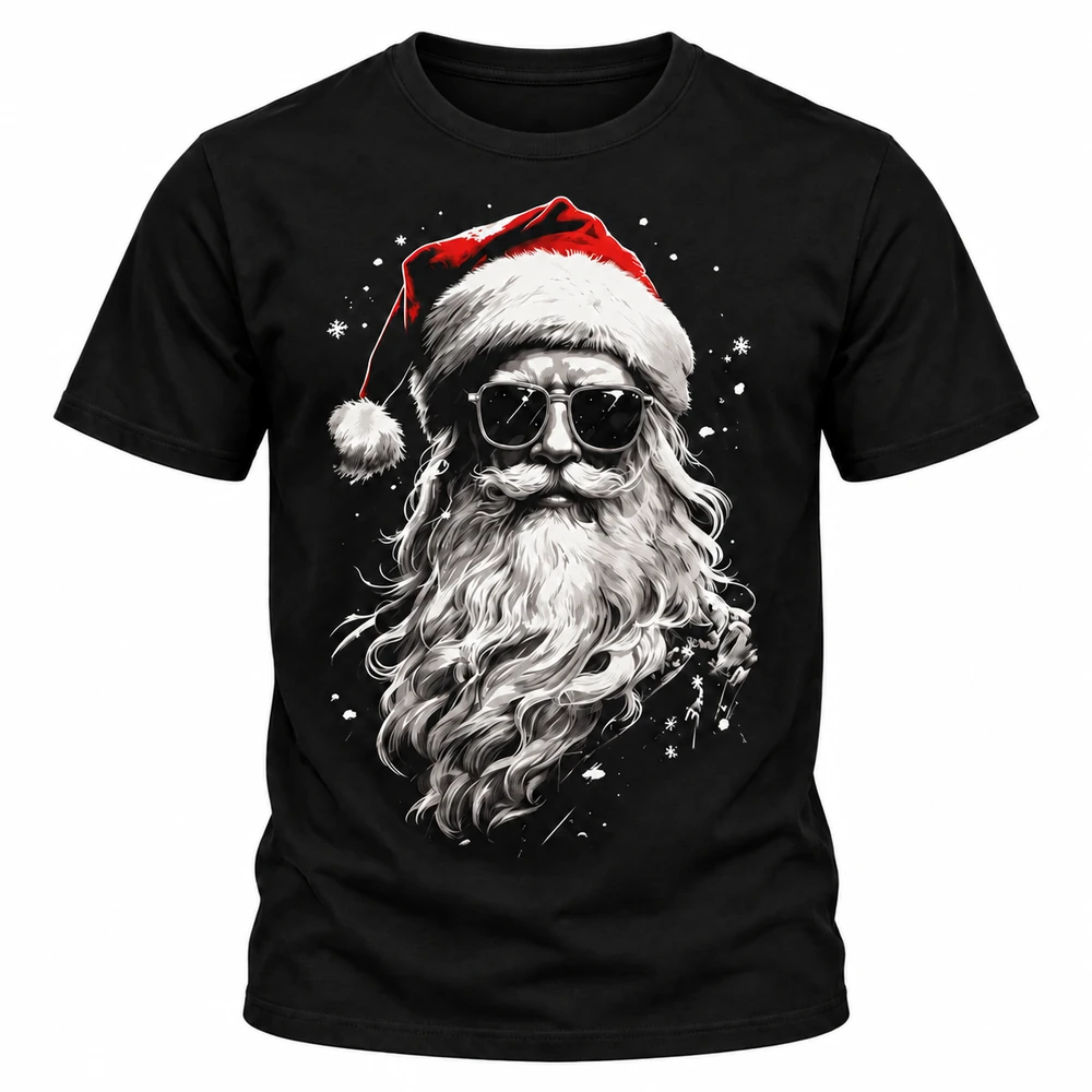 Camiseta navideña negra con Santa Claus de barba larga, gafas de sol y gorro rojo, sobre fondo blanco.