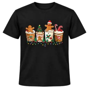 Camiseta navideña negra con estampado de vasos decorados, galletas de jengibre, árbol de Navidad, bastones de caramelo y luces de colores.