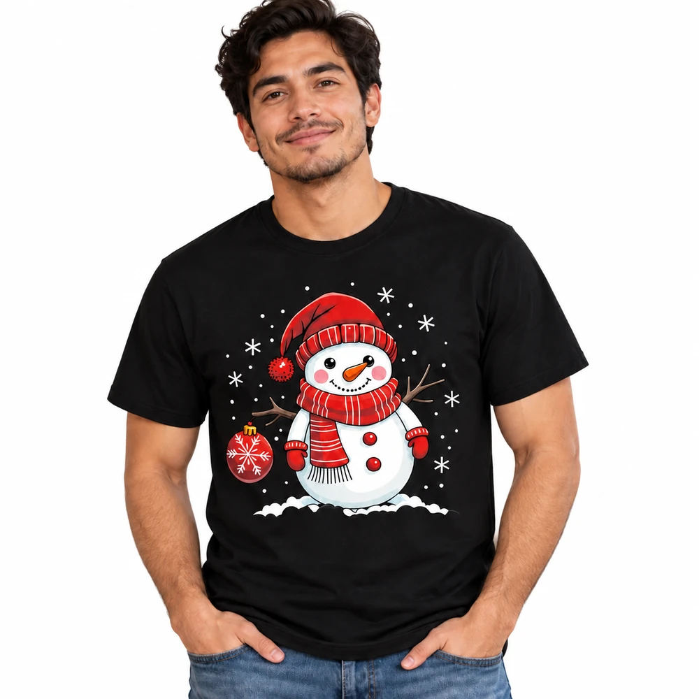 Hombre con camiseta navideña negra estampada con un muñeco de nieve y pantalón vaquero sobre fondo blanco.
