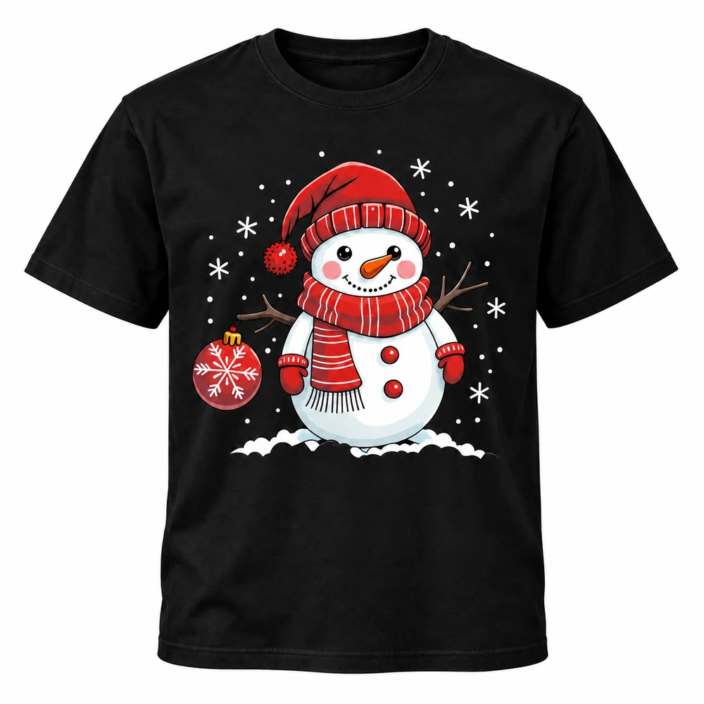 Camiseta navideña negra con muñeco de nieve, gorro rojo, esfera y copos blancos.