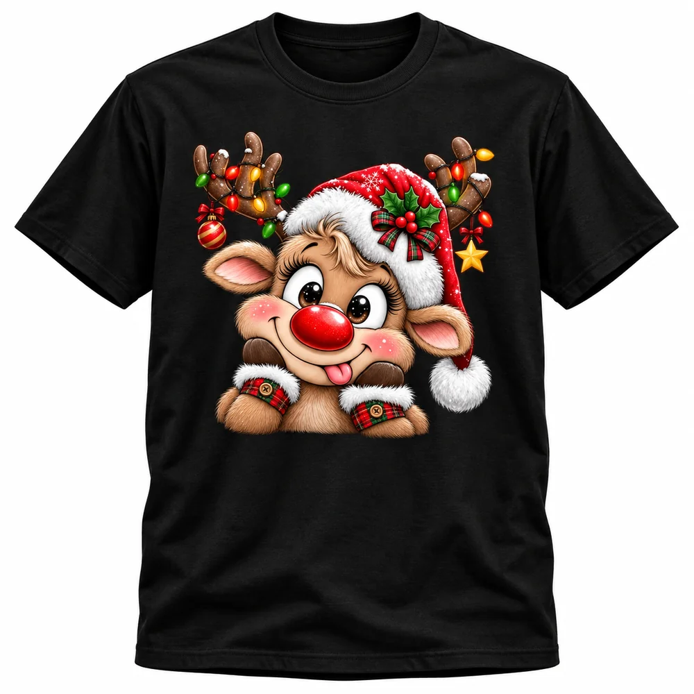 Camiseta navideña negra con reno de nariz roja, gorro navideño y astas decoradas con luces y adornos.