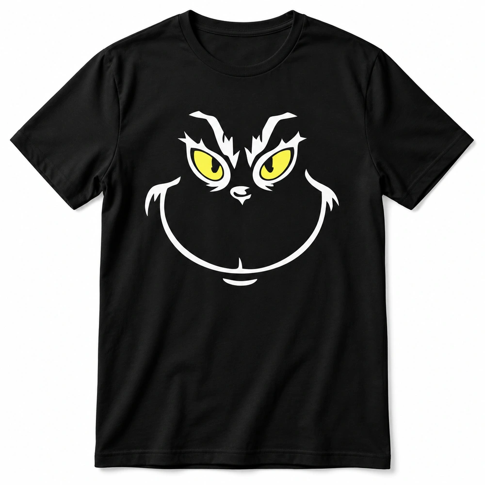 Camiseta navideña negra con rostro del Grinch en blanco y ojos amarillos.