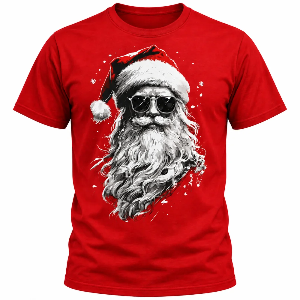 Camiseta navideña roja con Santa Claus de barba larga, gafas de sol y gorro rojo, sobre fondo blanco.