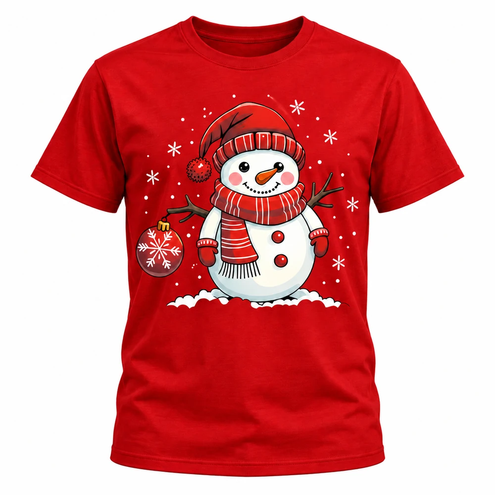 Camiseta navideña roja con muñeco de nieve, bufanda a rayas y copos blancos.