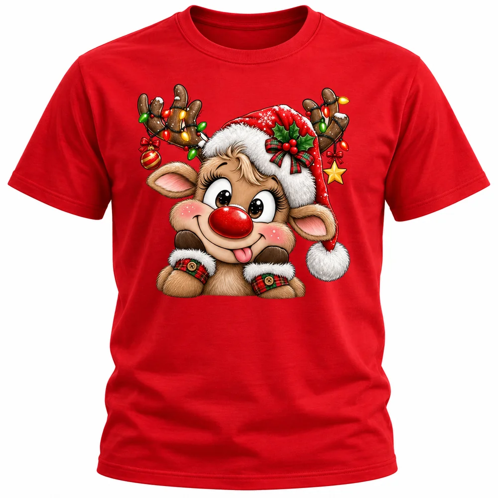 Camiseta navideña roja estampada con un reno de nariz roja, gorro de Santa y luces de colores.