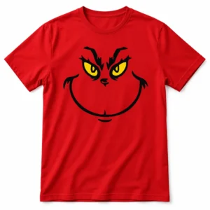 Camiseta navideña roja con rostro sonriente del Grinch en negro y ojos amarillos.