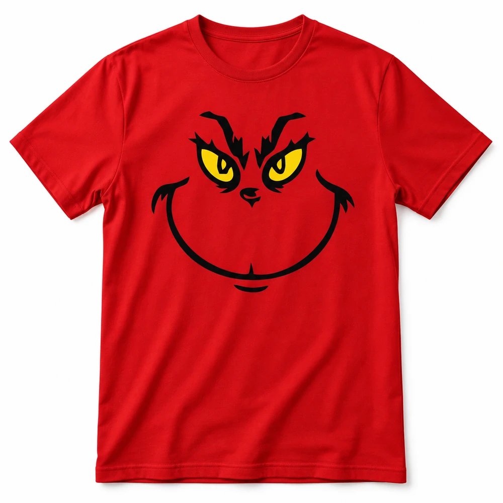 Camiseta navideña roja con rostro sonriente del Grinch en negro y ojos amarillos.
