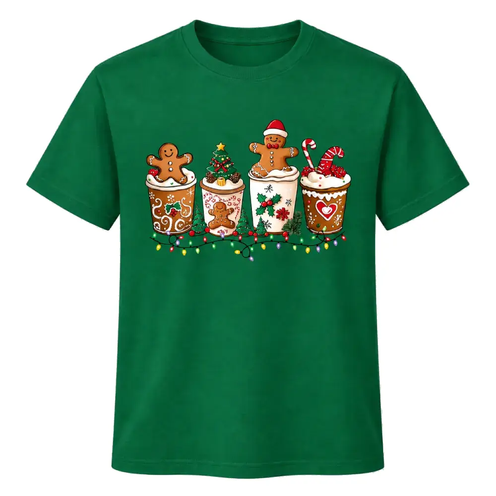 Camiseta navideña verde con cuatro vasos ilustrados, galletas de jengibre, árbol decorado, bastones de caramelo y guirnalda de luces.