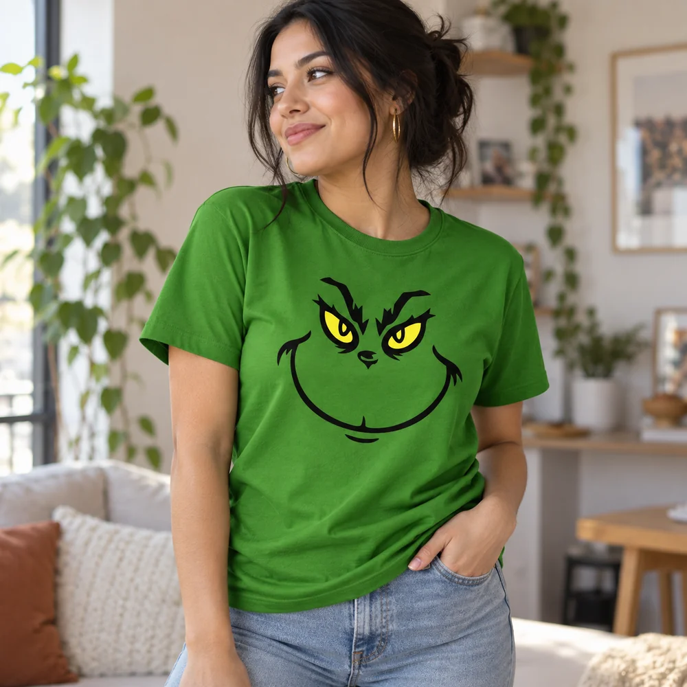Mujer con camiseta navideña verde con rostro del Grinch y pantalón vaquero.