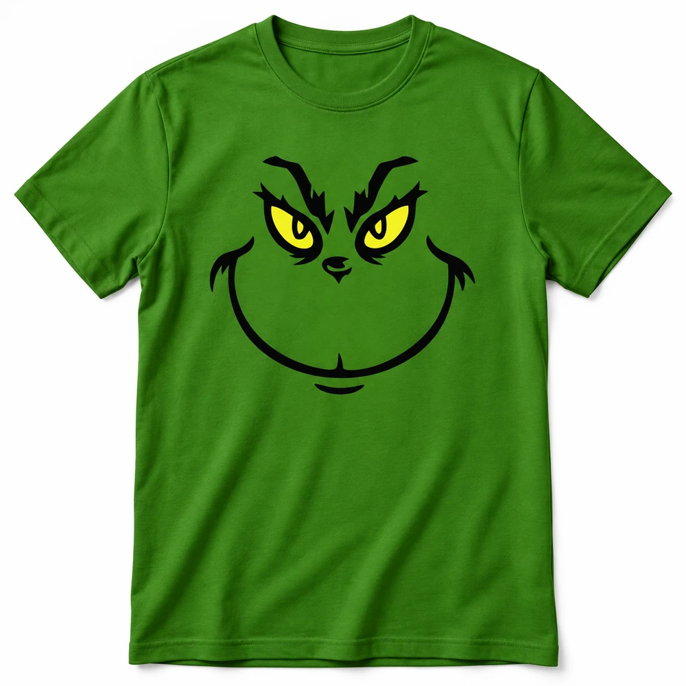 Camiseta navideña verde con rostro del Grinch en negro y ojos amarillos.