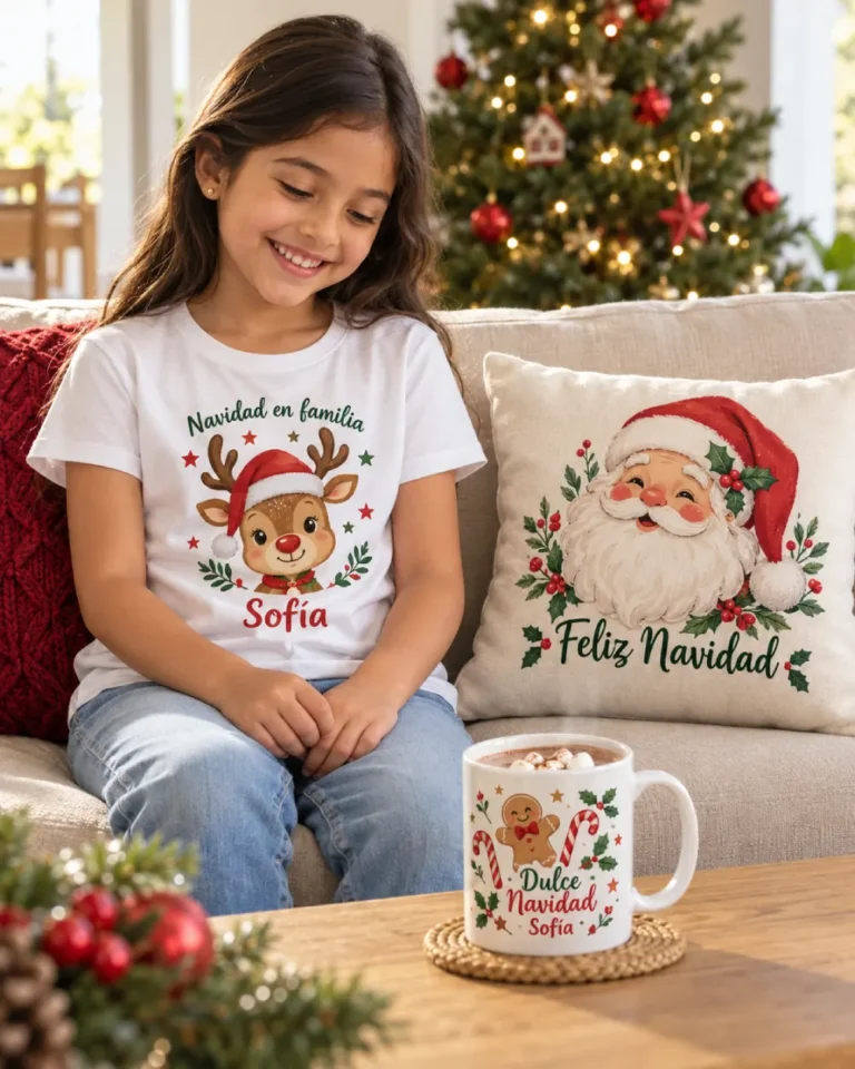 Niña con camiseta de reno personalizada junto a un cojín de Santa Claus y un mug navideño con chocolate.