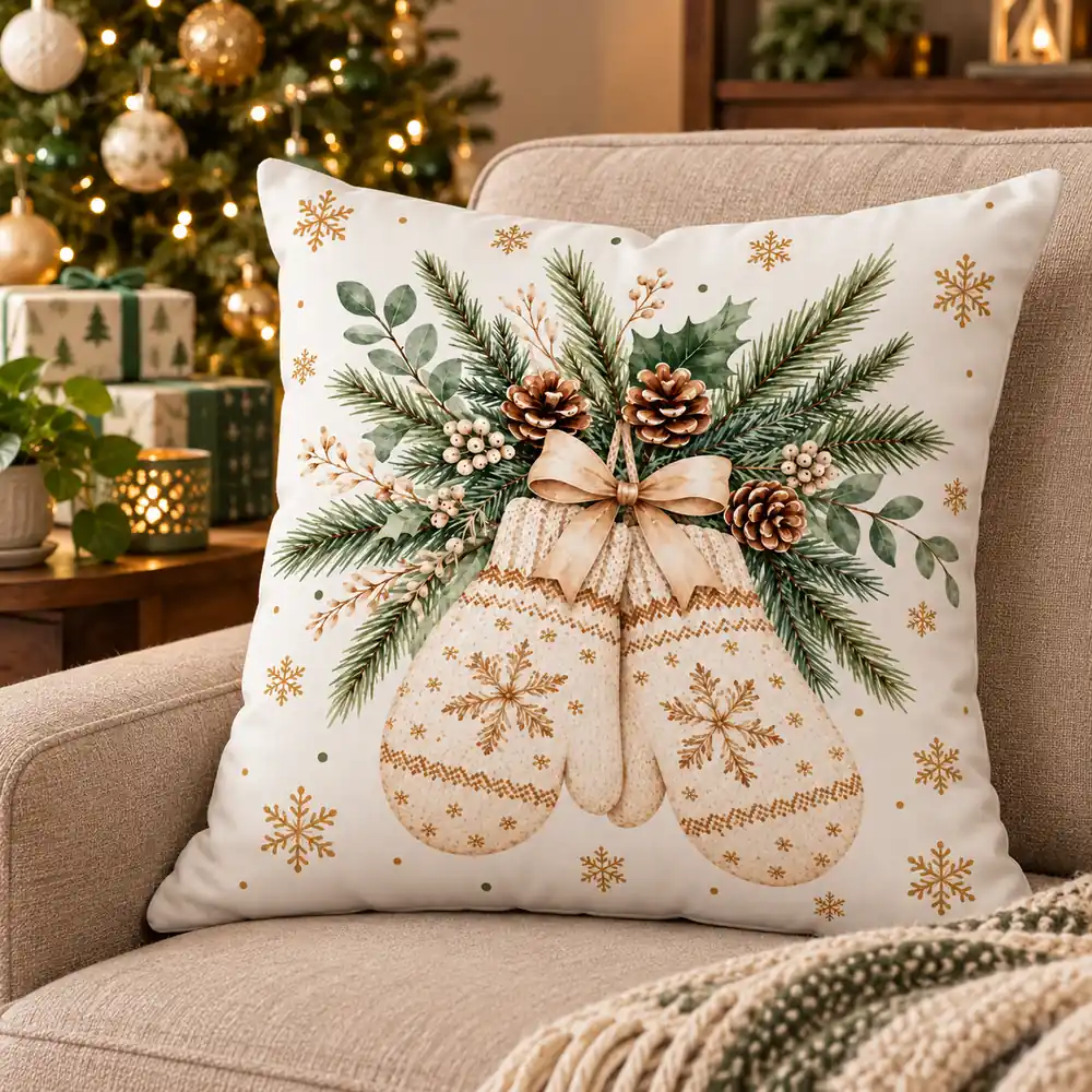 Cojín navideño con manoplas crema, ramas de pino y piñas sobre un sillón beige, junto a un árbol con adornos dorados.