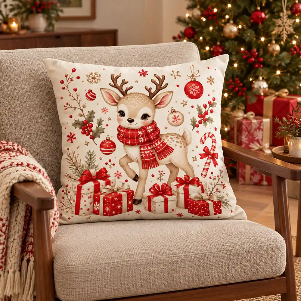 Cojín navideño con reno de bufanda roja y regalos sobre un sillón beige, junto a un árbol de Navidad.