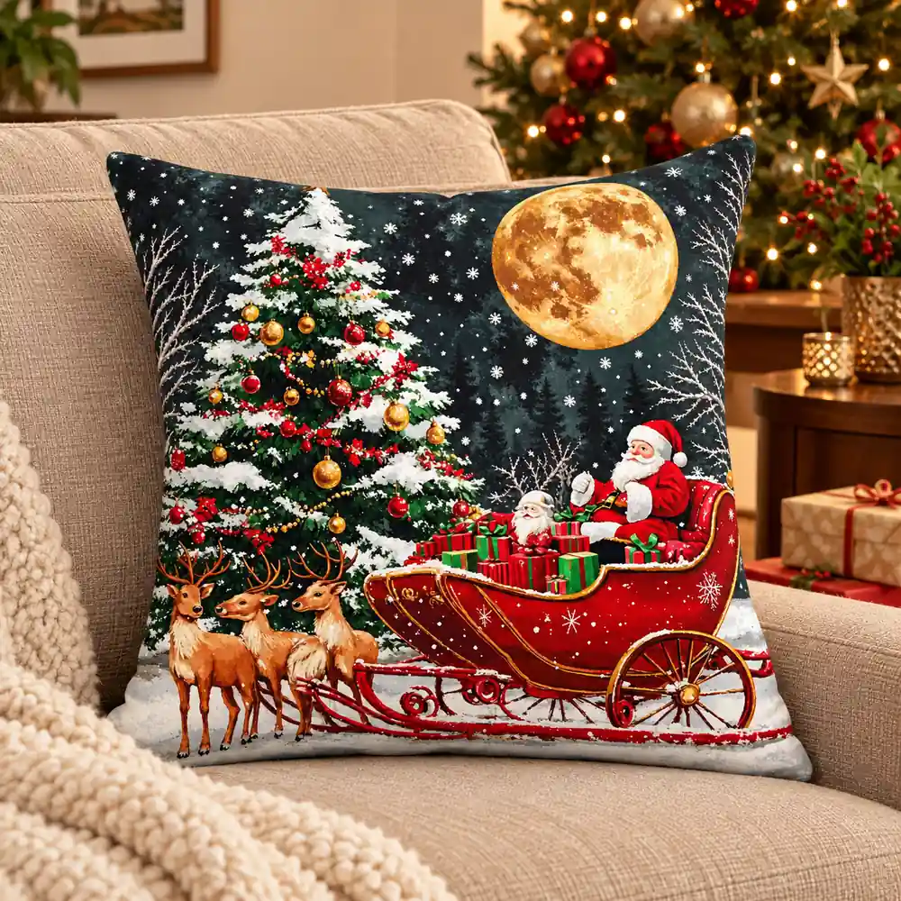 Cojín navideño con Santa Claus en un trineo rojo, renos y luna llena sobre un sillón beige, junto a un árbol de Navidad.